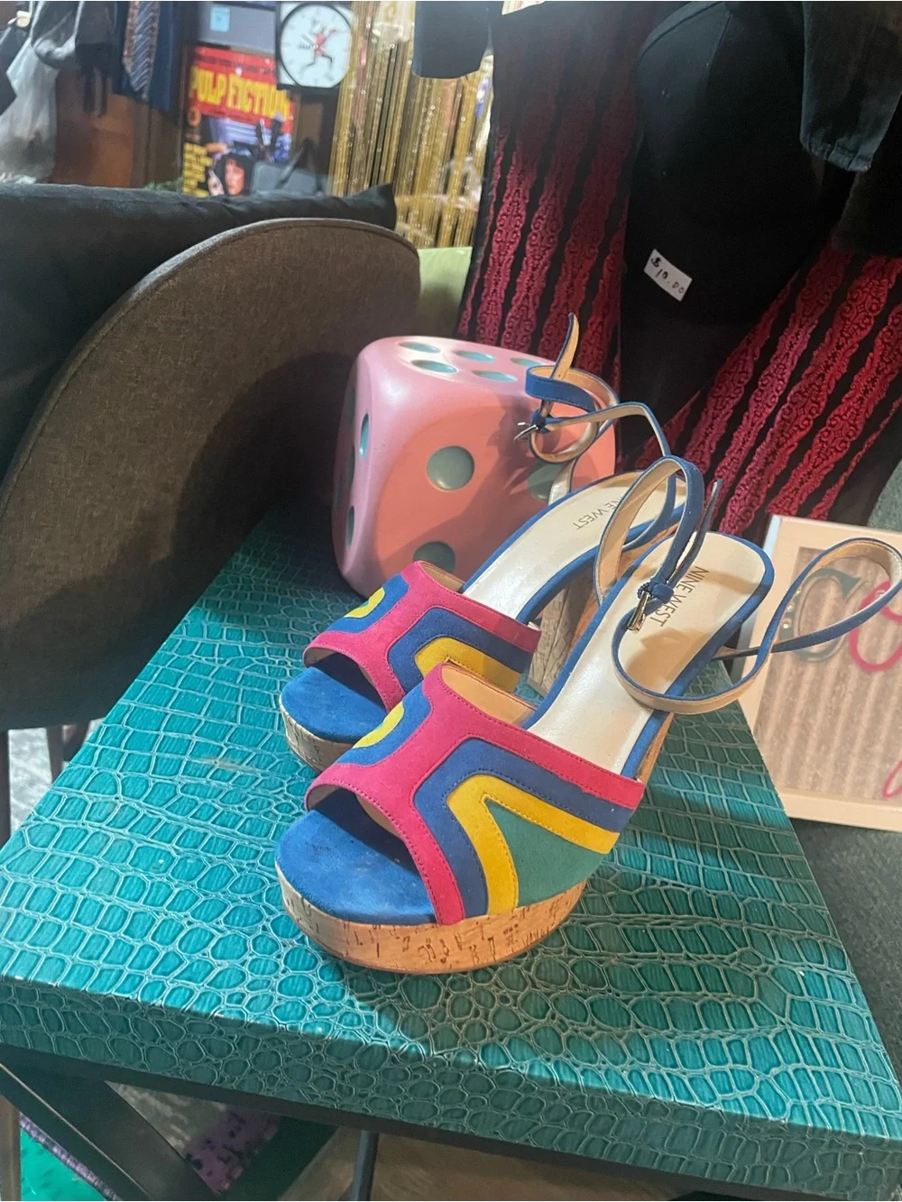 Nine West Blue, Pink & Yellow Cork Platform Wedge Sandals
